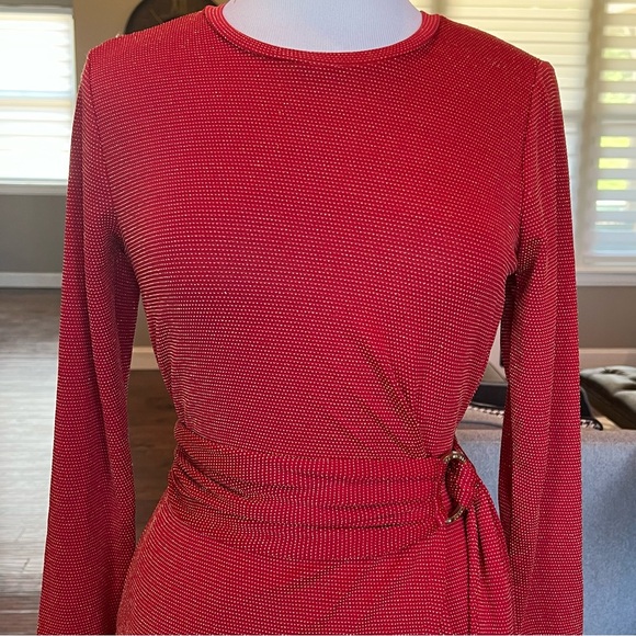 NWT $140 Michael Kors Red Dress Small Gold Metallic Faux-Wrap Crimson - Picture 4 of 15